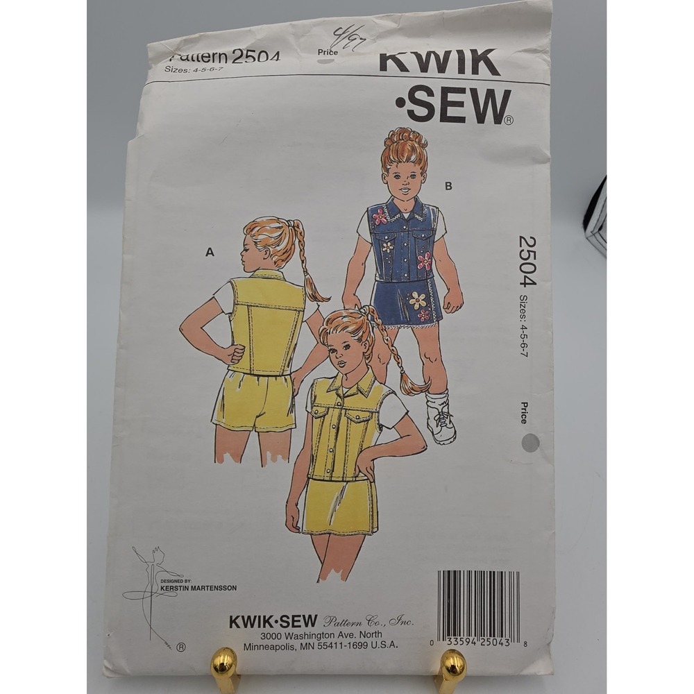 New Kwik Sew 2504 Girls Vest Skort button snap front waistband size 4-7 Uncut